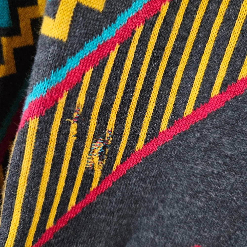 Empyre Mens Geometric Aztec Knit Sweater Medium Grey Red Teal Crewneck